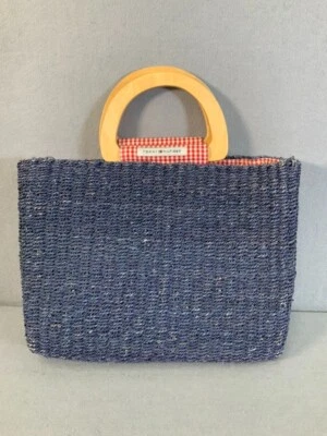 TOMMY HILFIGER Bolso de Mano Tejido de Paja Cartera Asas de Madera Azul Marino Rojo  Foto 1 de 4