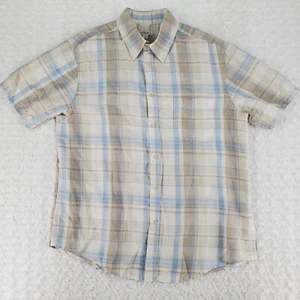 Merona Shirt Men L Beige & Blue Plaid Short Sleeve Button Up Linen Blend Pocket - Picture 1 of 11