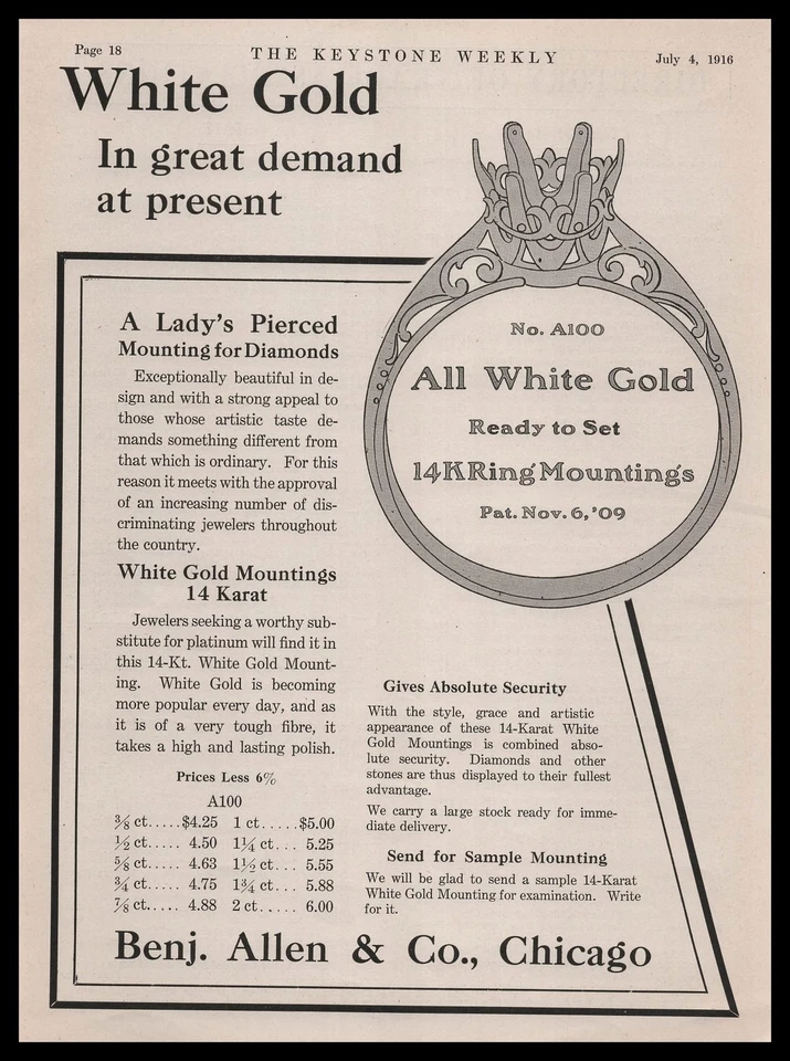 Benjamin Allen & Co Jewelers Chicago 1916 oro blanco 14 quilates montajes anuncio impreso Foto 1 de 1