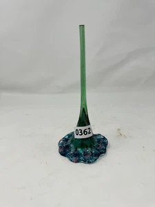 Vintage Hand-Blown Green & Blue Stretch Glass Bud Vase – Ruffled Base Art Glass - Picture 1 of 3