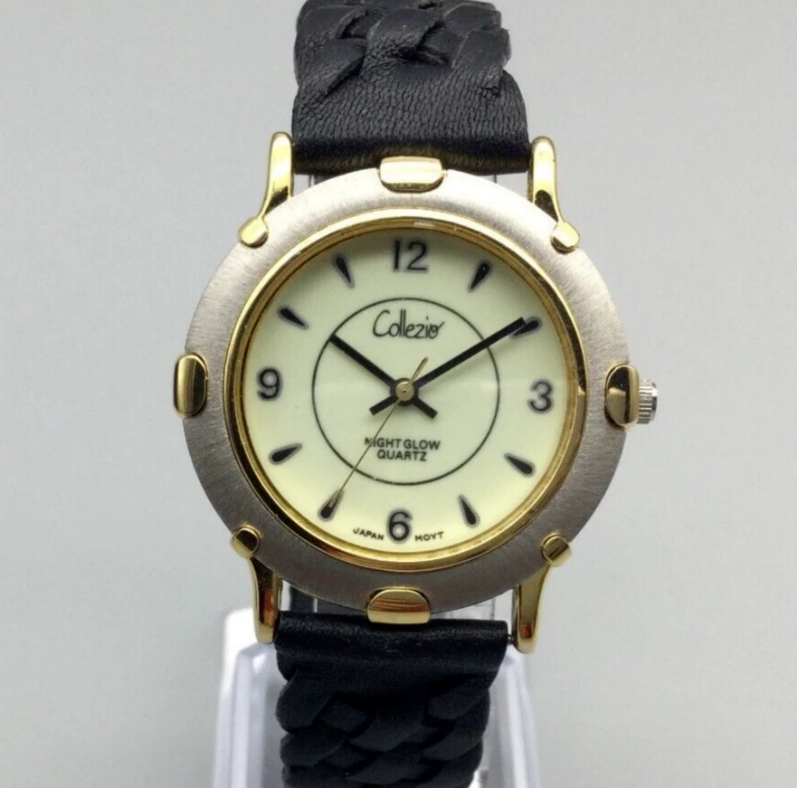 Collezio 夜光手表男士 36 毫米银色金色皮革表带全新电池 — 第 1/4 张图片