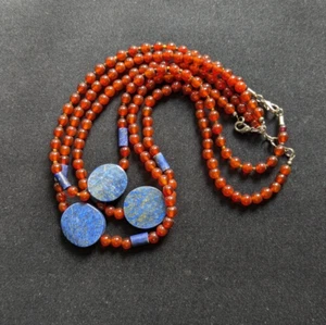 Karneol Achat Perlenkette mit Lapislazuli Anhänger - Bild 1 von 16