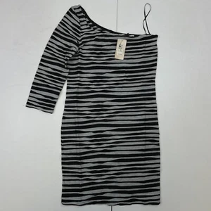 River Island Dress 10 Black Grey Striped Off One Shoulder Knee Length - Picture 1 of 13