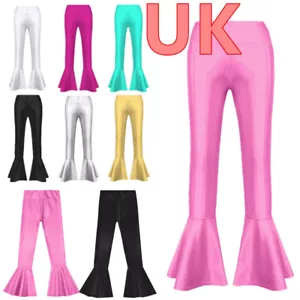 UK Girl's Shiny Metallic Bell-Bottom Elastic Street Dance Flared Pants Trousers - Picture 1 of 70