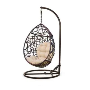 Stefanie Brown Wicker Outdoor Patio Swing with Beige Cushion - Picture 1 of 8