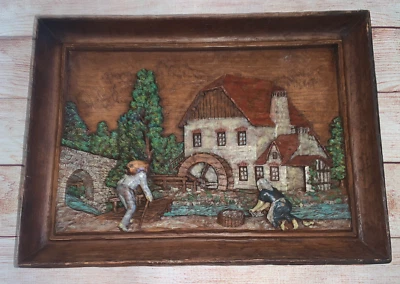Vintage Hand Carved Painted DUTCH Scene Wooden Relief Painting Water Mill SIGNED - Image 1 of 4