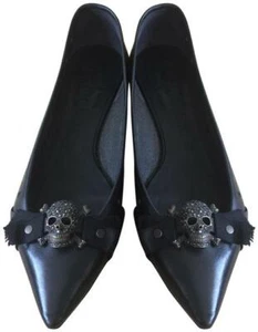 PEDRO GARCIA 8.5 Leather 38.5 B Black Flats Shoes Pointed Toe Skull Bow Buckle - Picture 1 of 9