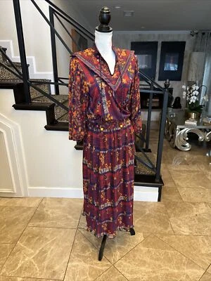 Vestido Diane Freis Años 80 Quintaessential Estampado Floral Geométrico Prendedor Plisado Borla M Foto 1 de 4