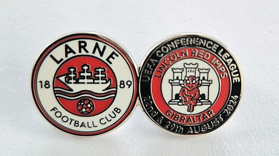 LARNE FC v LINCOLN RED IMPS  CONFERENCE LEAGUE QUALIFIER 2024- MATCH BADGE - Image 1 of 1