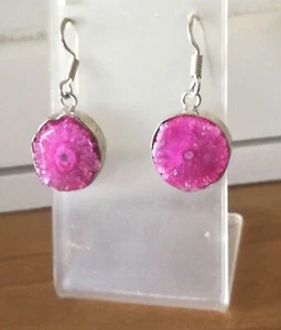 ORECCHINI IN ARGENTO 925 E AGATA ROSA DRUZY, ORECCHINI CON DRUSA GEODE NATURALE - Foto 1 di 14