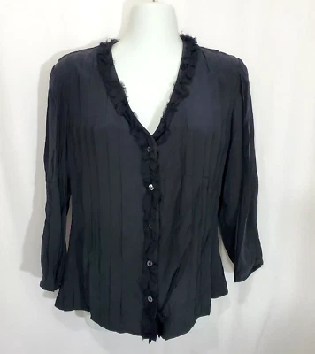 Top Doncaster Collection Mujer 6 Negro Seda Botón Frontal Manga 3/4 Pliegues Foto 1 de 4