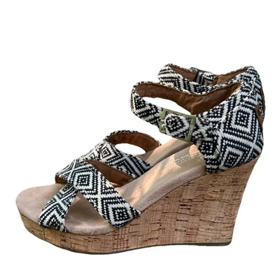 Toms Women's Seinna Aztec Black & white pattern Cork Wedge Heel Sandals Size 5 - Image 1 of 4