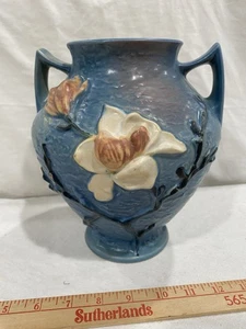 Roseville Keramik Doppelgriff blau Magnolienmuster 9" Vase #92-8 - Bild 1 von 6
