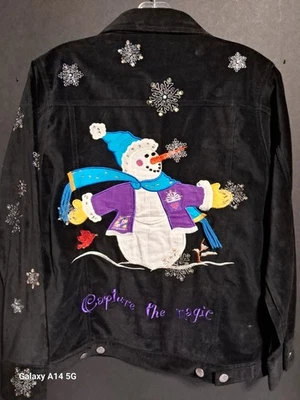 Quacker Factory Women XS Black Cotele Button Front Jacket W/Christmas Design - Image 1 of 4