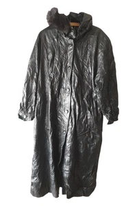 Cappotto pelle donna vintage Dimitri Couture grande nero bottoni pelliccia orlo cappuccio L - Foto 1 di 5