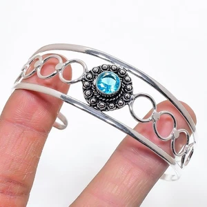 Swiss Blue Topaz Gemstone Handmade 925 Sterling Silver Cuff Bracelet Adjustable - Picture 1 of 1