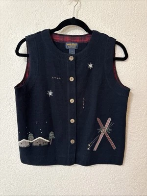 De Colección Woolrich Suéter Chaleco Para Mujer Talla S Invierno Cabina Esquí Copo de Nieve Escena Negro Foto 1 de 4