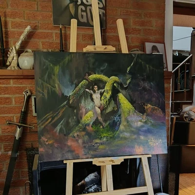 20 x 30 Oil painting on canvas of Frazetta Catgirl, unframed -signed by artist - Image 1 of 3