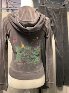 Juicy Couture Velours grau Reißverschluss Hoodie niedriger Bund gerades Bein Hose 29 x 32 XSP - Bild 1 von 15
