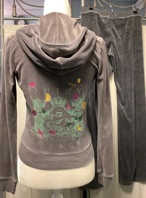Juicy Couture Velour Grey Zip Up Hoodie Low Rise Straight Leg Pants 29 x 32 XSP - Image 1 of 4
