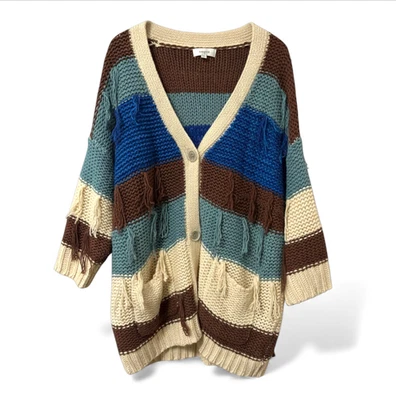 UMGEE SWEATER CARDIGAN Oversized Colorblock Stripes FRINGE Ivory-Brown-Blue S/M - Image 1 of 4