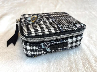 Estuche de cosméticos Vera Bradley pequeño negro azul floral acolchado con cremallera 4x3x2 pulgadas Foto 1 de 4