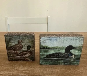 Mallard Ducks Wooden Block Sign Set Of Two 4x3” - Picture 1 of 6