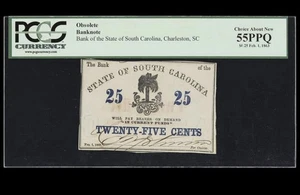 1863 SOUTH CAROLINA Charleston, 25c State Civil War Banknote Currency, PCGS 55 - Picture 1 of 5