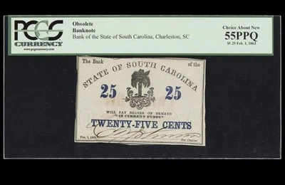 1863 SOUTH CAROLINA Charleston, 25c State Civil War Banknote Currency, PCGS 55 - Image 1 of 4