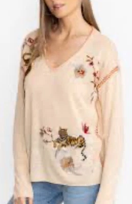 NUEVO CON ETIQUETAS $298 Johnny Was Whipstich Pullover Cuello en V Seda Lino Selva Gatos Lavado a Mano L Foto 1 de 4