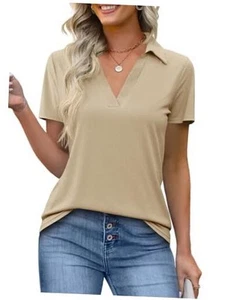 Womens Short Sleeve Polo Shirts V Neck Business Dressy Casual Medium Apricot - Picture 1 of 6