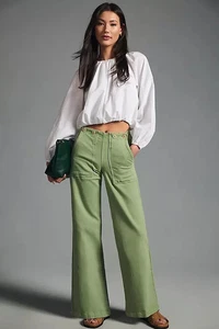 Anthropologie Pilcro The Kit Pantalone Utility Gamba Larga Alta 29 Verde Boho - Foto 1 di 8