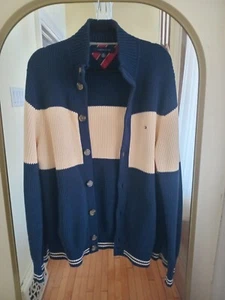 Vintage Tommy Hilfiger Mens Navy Blue Ivory Cotton Cardigan Sweater L NWOT Rare - Picture 1 of 14