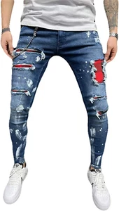 Men'S Straight Slim Fit Elastic Ripped Distressed Stretchy Skinny Jeans with Pat - Picture 1 of 12