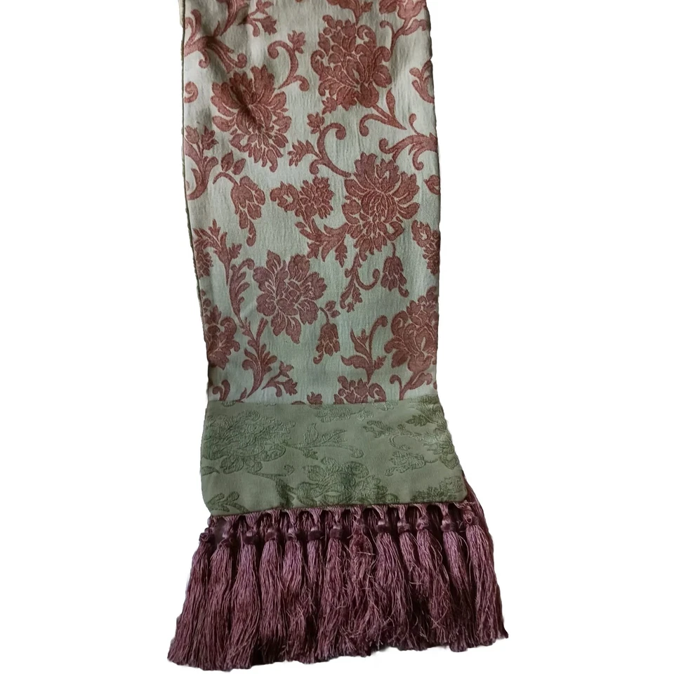 Vintage Long Brocade Like Light Green And Pink Coral Tasseled Runner - Image 1 of 4