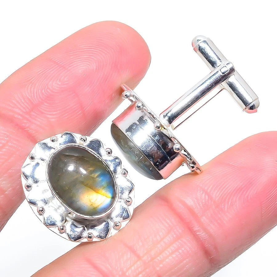 Blue Fire Labradorite Gemstone Handmade 925 Sterling Silver Jewelry Cufflink - Image 1 of 1