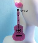 Retro Funky Pink Glitter Acoustic Guitar Earrings-Light Weight Acrylic-Statement