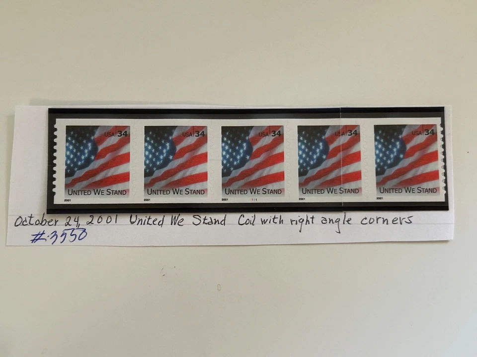 US Stamps SC# 3550 United We Stand 34c coil strip of 5 w/P# 1111 MNH 2001 - Image 1 of 1