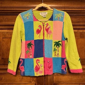 Jack B Quick Sweater Cardigan Petite PP Embroidered Pink Flamingo 90s VTG EUC - Picture 1 of 16