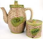 Vintage 2pc Retro Teapot & Sugar Bowl Tea Set Basket Weave Pineapple Lid Japan