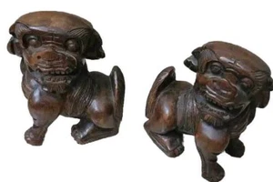 Hand Carved Foo Dogs-Shishi Lions- 1930's W/Provence - Picture 1 of 9