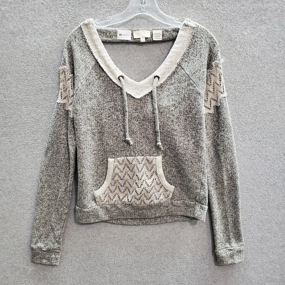 Suéter Miss Me Mujer Gris Medio Crochet Boho Espalda Abierta Capucha Cordón LEER Foto 1 de 4