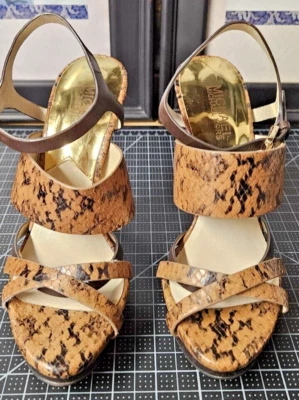 Michael Kors Estampado Serpiente Cuero Genuino Marrón Tirantes Eslinga Tacones Traseros 7M Foto 1 de 4
