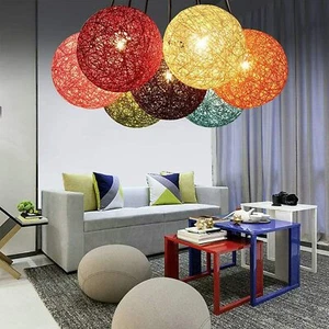Modern Pendant Ceiling Light Natural Rattan Ball Wicker Globe Woven Lampshade UK - Picture 1 of 23
