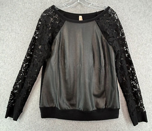 Bailey 44 Womens Faux Leather Boat Neck Long Lace Sleeve Shirt Size L Black