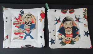 Sexy Tattooed Navy Men Quilted Pot Holder / Pad Set of 2 Double Insulated Gay 8" - Picture 1 of 3