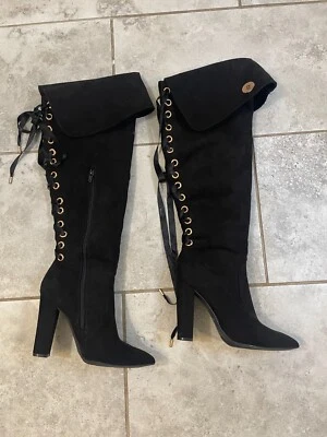 """BOTA BAMBÚ talla 8 malva Madam Taupe TERCIOPELO NEGRO hasta el muslo tacón grueso""" Foto 1 de 4