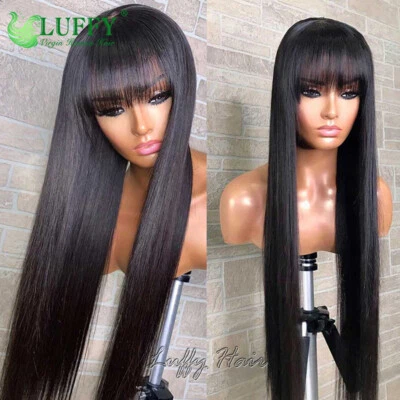 8-24inch Straight Brazilian Human Hair Wig Scalp Top Machine Made Wig With Bangs - Image 1 of 4