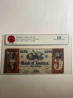 Obsolete New York NY $5 The Bank Of America Counterfeit Very Good 10 - Image 1 of 2