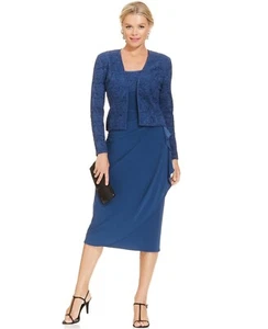 ¡Nuevo! ALEX TARDES ~Talla 8~ Vestido Chaqueta Azul Encaje Brillo Imitación Envoltura 2 Piezas - Imagen 1 de 3